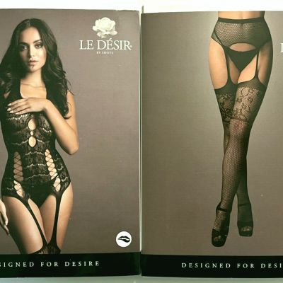 LE DESIR WOMEN BLACK GARTERBELT STOCKINGS w/LACE TOP+OPAQUE BODYSTOCKING-S to XL